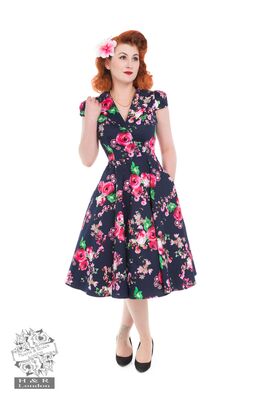 Hearts & Roses tummansininen kukallinen kellohelmamekko