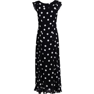 Elinette pitkä musta juhlamekko pilkkukuosilla