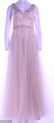 Pitkä tyllihelmainen juhlamekko kullansävyisillä kimalle somisteilla