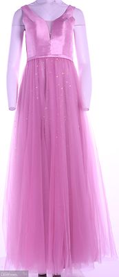 Roosan sävyinen pitkä tyllihelmainen juhlamekko