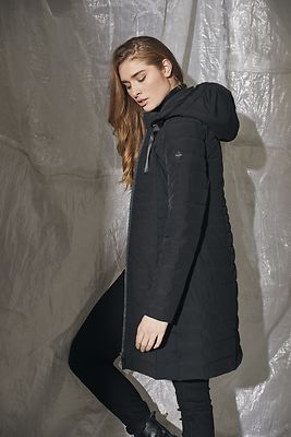 Etage musta polvimittainen toppatakki