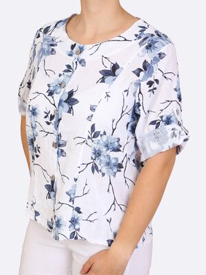 Hegler valkoinen pellavasekoitepusero sinisellä kukkakuosilla