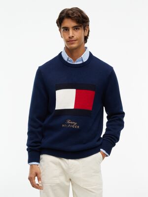 Tommy Hilfiger tummansininen lippulogollinen puuvillaneule