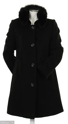 Lebekin musta villakangastakki pystykauluksella, jossa irroitettava turkis reunus