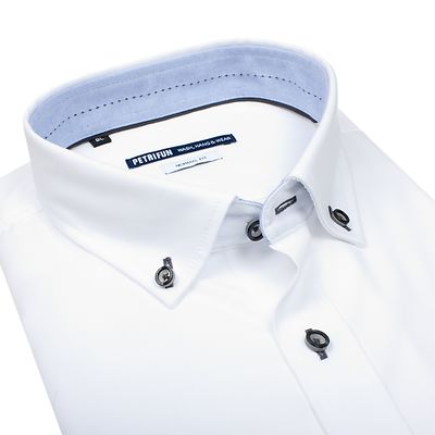 Petrifun valkoinen paita tummilla napeilla regular fit mitoitus