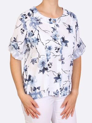 Hegler valkoinen pellavasekoitepusero sinisellä kukkakuosilla