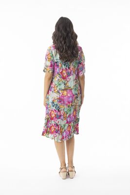 Orientique vihreän ja pinkin sävyinen lyhythihainen kesämekko