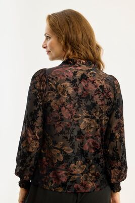 In Front juhlava pusero viininpunaisen ja ruskean sävyisellä kukkakuosilla