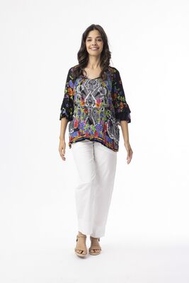 Orientique mustapohjainen pusero värikkäällä kukkakuosilla