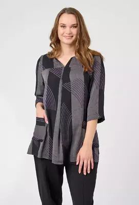 Pont neuf musta harmaa tunika lilansävyisillä yksityiskohdilla