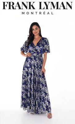 Frank Lyman sähkönsininen juhlamekko kullansävyisillä kuvioilla