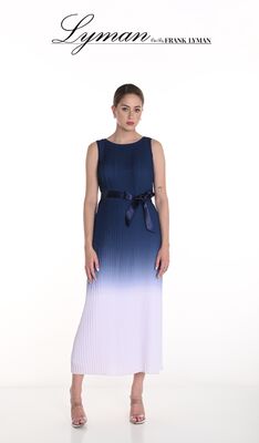 Frank Lyman sinivalkoinen pliseerattu juhlamekko satiinivyöllä