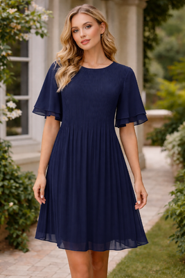 STI tummansininen pliseerattu sifonkimekko