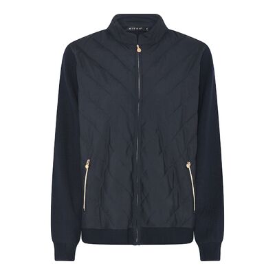 Micha tummansininen neulejakku, jossa tikattu etukappale