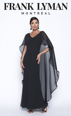 Frank Lymannin musta joustava juhlamekko jonka päällä kevyesti laskeutuva sifonki