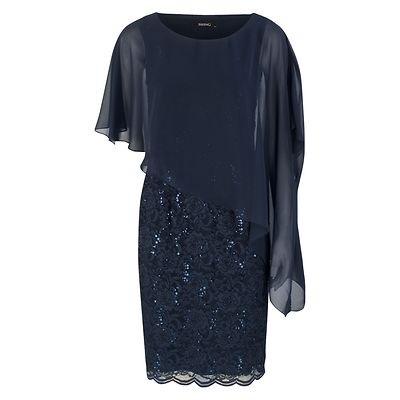 Swing tummansininen juhlamekko poncholla