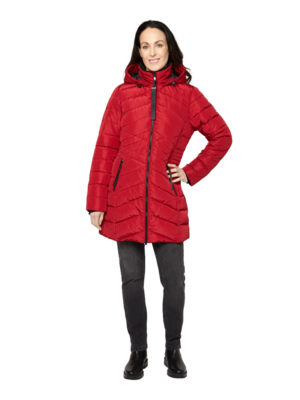 Jensen punainen talvitakki mustilla yksityiskohdilla