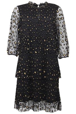 STI musta pliseerattu mekko, jossa kullansävyinen kuviointi