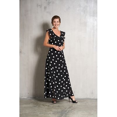 Elinette pitkä musta juhlamekko pilkkukuosilla
