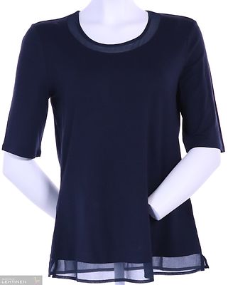 Barbara Lebekin tummansinen trikoopusero, jossa helmassa ja pääntiellä sifonki somisteet.