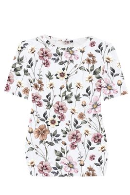 STI valkoinen kukkakuvioinen trikoopusero