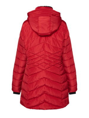 Jensen punainen talvitakki mustilla yksityiskohdilla