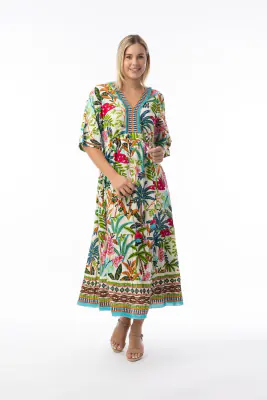 Orientique pitkä kesämekko raikkaalla kuosilla