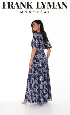 Frank Lyman sähkönsininen juhlamekko kullansävyisillä kuvioilla