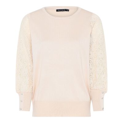 Micha hiekansävyinen neulepusero pitsihihoilla