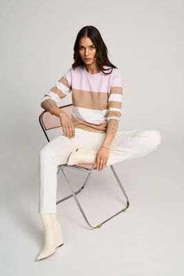 Micha raidallinen neulepusero beigen, valkoisen ja roosan sävyissä