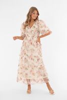 Capri Collection kermansävyinen röyhelömekko hennolla kukkakuosilla