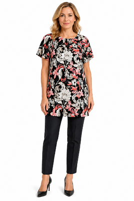 STI musta kukkakuvioinen tunika