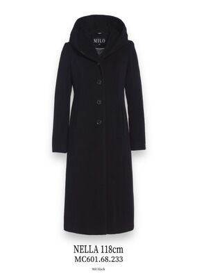 Milo pitkä hupullinen musta villakangastakki