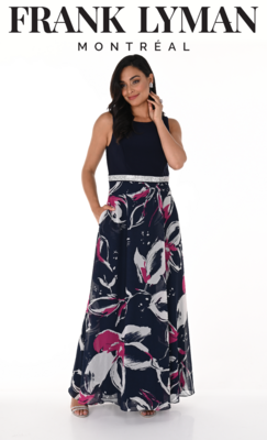 Frank Lyman kuviollinen pitkä juhlamekko tummansinisellä pohjalla