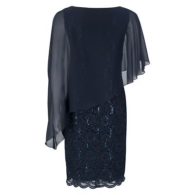 Swing tummansininen juhlamekko poncholla