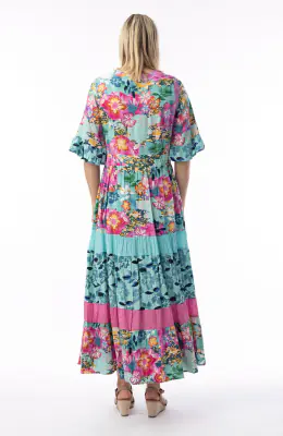 Orientique vihreän ja pinkin sävyinen pitkä kesämekko