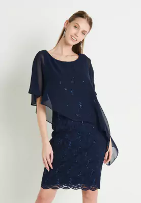 Swing tummansininen juhlamekko poncholla