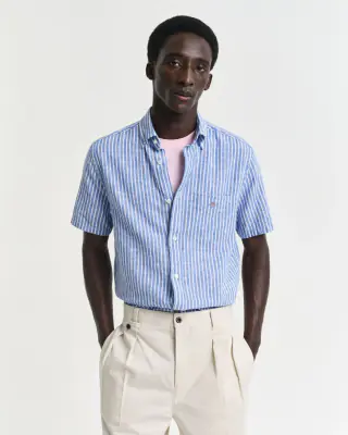 Gant siniraidallinen regular fit lyhythihainen puuvilla-pellavapaita