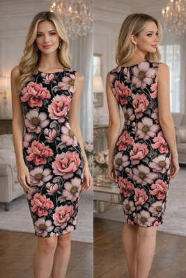 Shenina joustava kotelomekko persikan sävyisellä kukkakuosilla