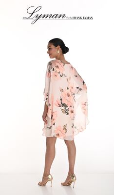 Frank Lyman persikan sävyinen kukallinen juhlamekko poncholla