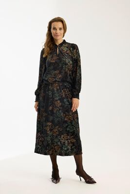 In Front juhlava pusero vihreän ja ruskean sävyisellä kukkakuosilla