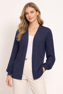 STI tummansininen auki pidettävä neuletakki