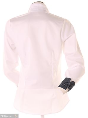 Bosweelin valkoinen paitapusero sinisillä somisteilla kalvosimen-ja kauluksen sisällä