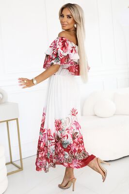 Upea punavalkoinen off-shoulder juhlamekko