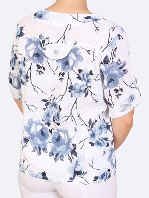 Hegler valkoinen pellavasekoitepusero sinisellä kukkakuosilla