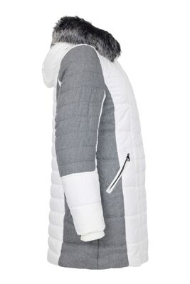 Normann valkoinen talvitakki harmailla yksityiskohdilla