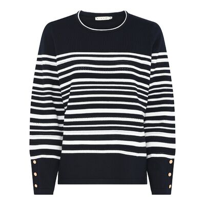 Micha tummansininen neulepusero valkoisella raidoituksella