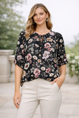 STI musta kukkakuosinen viskoosipusero