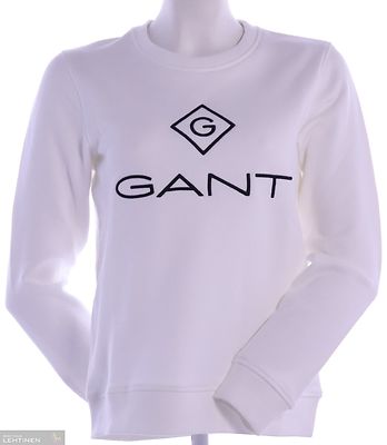 Valkoinen Gantin college pusero rinnassa valkoinen logo sekä teksti