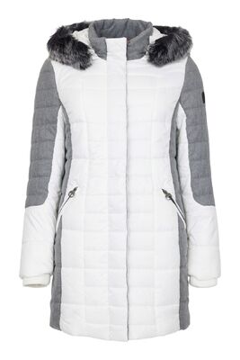 Normann valkoinen talvitakki harmailla yksityiskohdilla